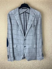 Tagliatore Linen Delave Blazer 54 R L Gray Check Leather Elbow Patches Italy