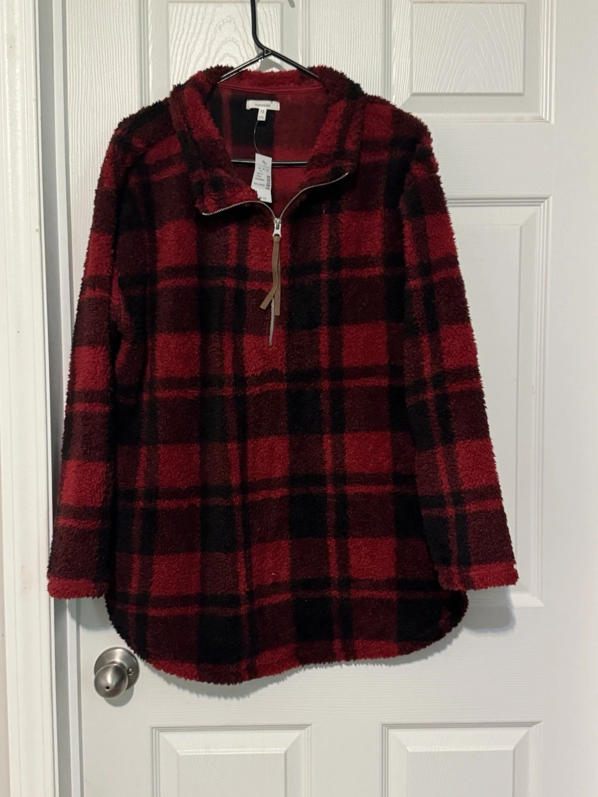 MAURICES 1/4 Zip Up Pullover Red Plaid Fleece Jacket Women's Sz XXL Sweater Soft
