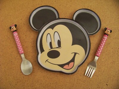 Disney Mickey Mouse hard plastic plate 8.5'' wide x 8'' tall Minnie spoon & fork