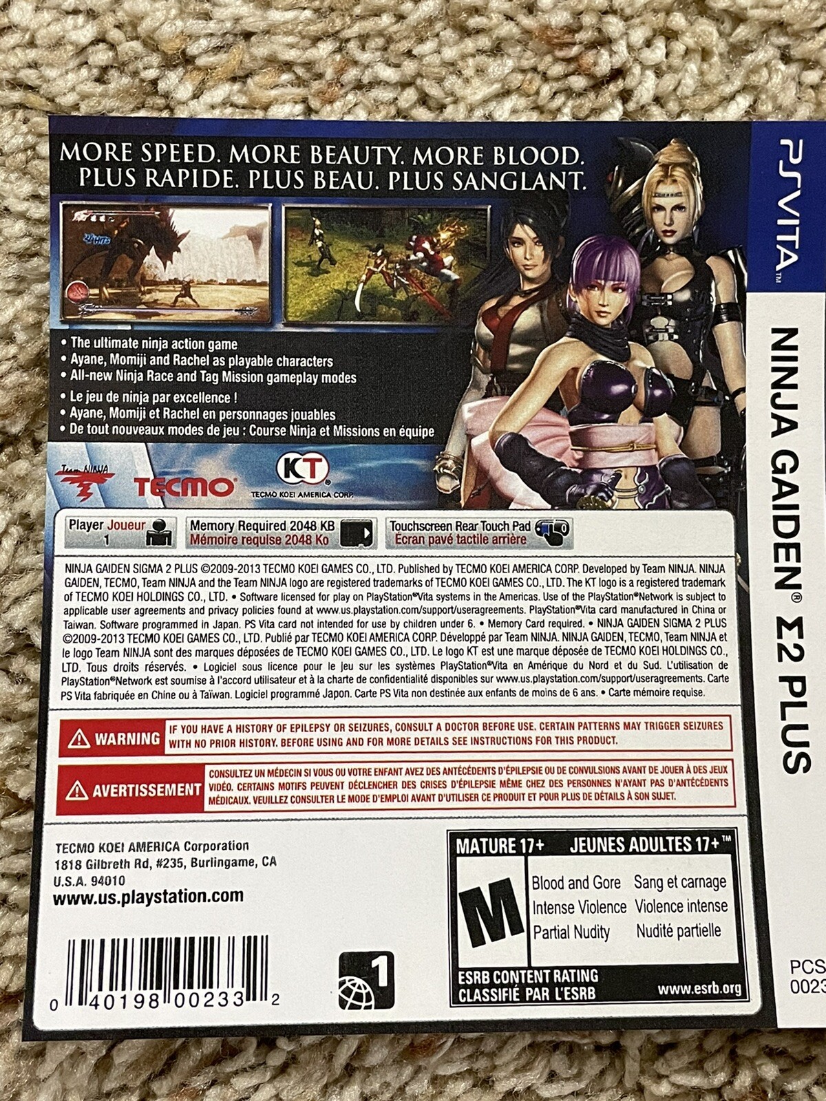 Ninja Gaiden Sigma Plus (Replacement Art Cover and Case Only) - Ps Vita, No  Game