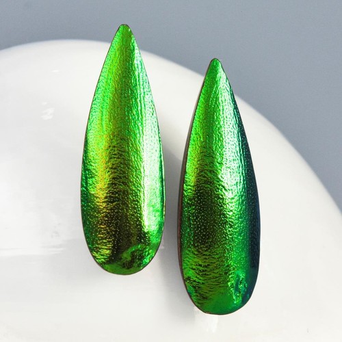 Drop Earring Pair Handmade Green Jewel Beetle Wings & Mother-of-Pearl 1.48g - Picture 7 of 14