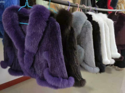 100% Real Mink Fur Knit Cloak Fox Fur Collar Coat Poncho Wraps Fashion Cape 
