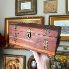Vintage Cedar Chest Trunk With Openwork Metal Jewelry Box