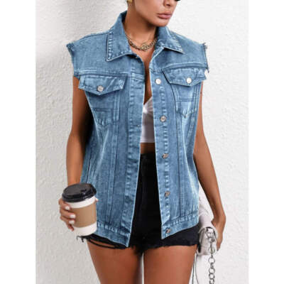 Collared Neck Sleeveless Denim Top with Pockets