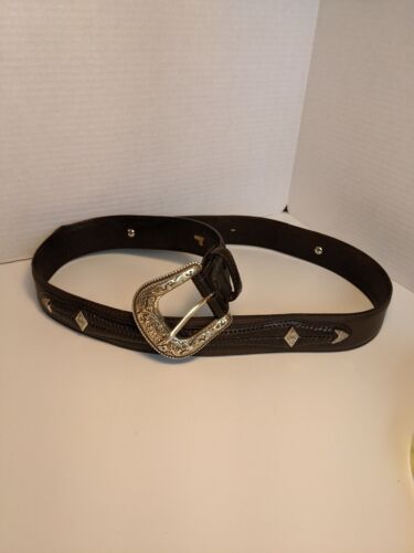 Nocona Genuine Leather Brown Belt Western 38" With Silver Colored Scroll Buckle  - Picture 1 of 7