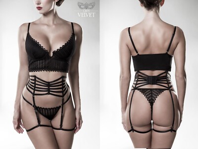 GREY VELVET  SET BÜGEL BH STRAPSGÜRTEL STRING schwarz clubwear gothic