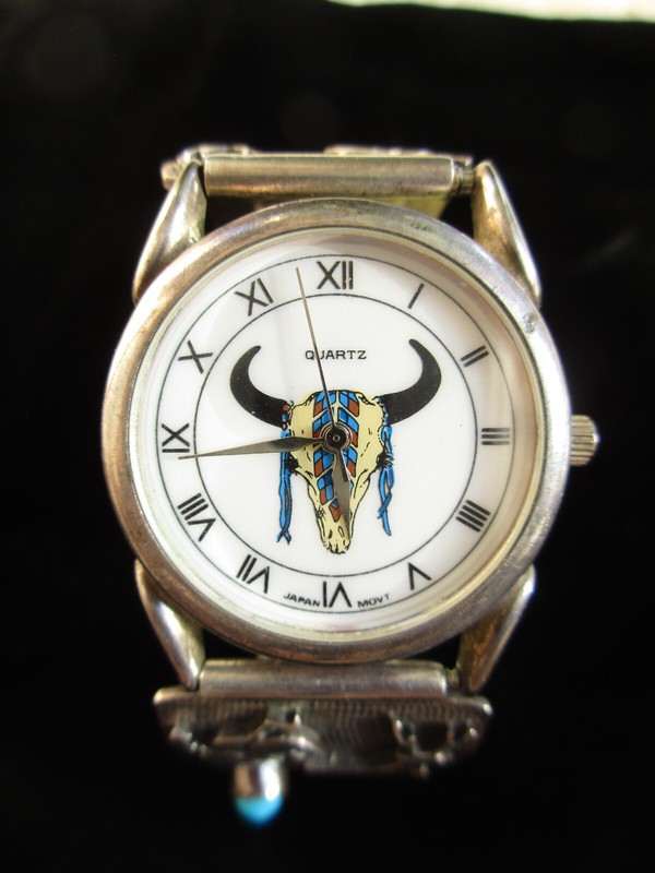 Vintage Women's Quartz Watch Sterling Silver Turquoise Stone Navajo Cow Skull
