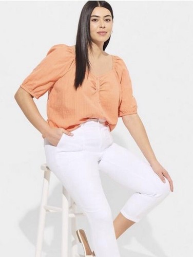 TORRID Papaya Seersucker Button Front Puff Sleeve Crop Top sz 3 NWT