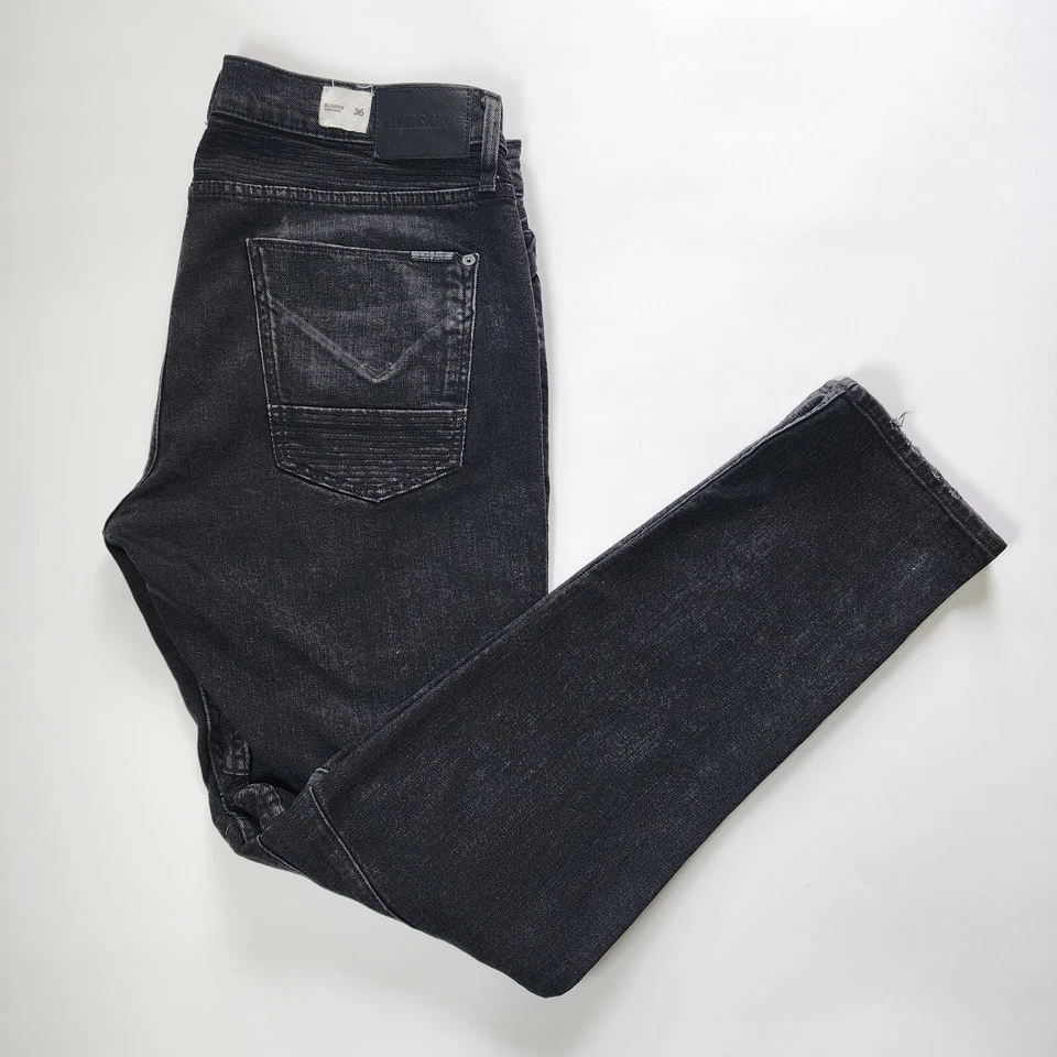 Мужские джинсы Hudson Blinder 36x32 черные искусственно состаренные байкерские на пуговицах с разорванными коленями - Изображение 2 из 4