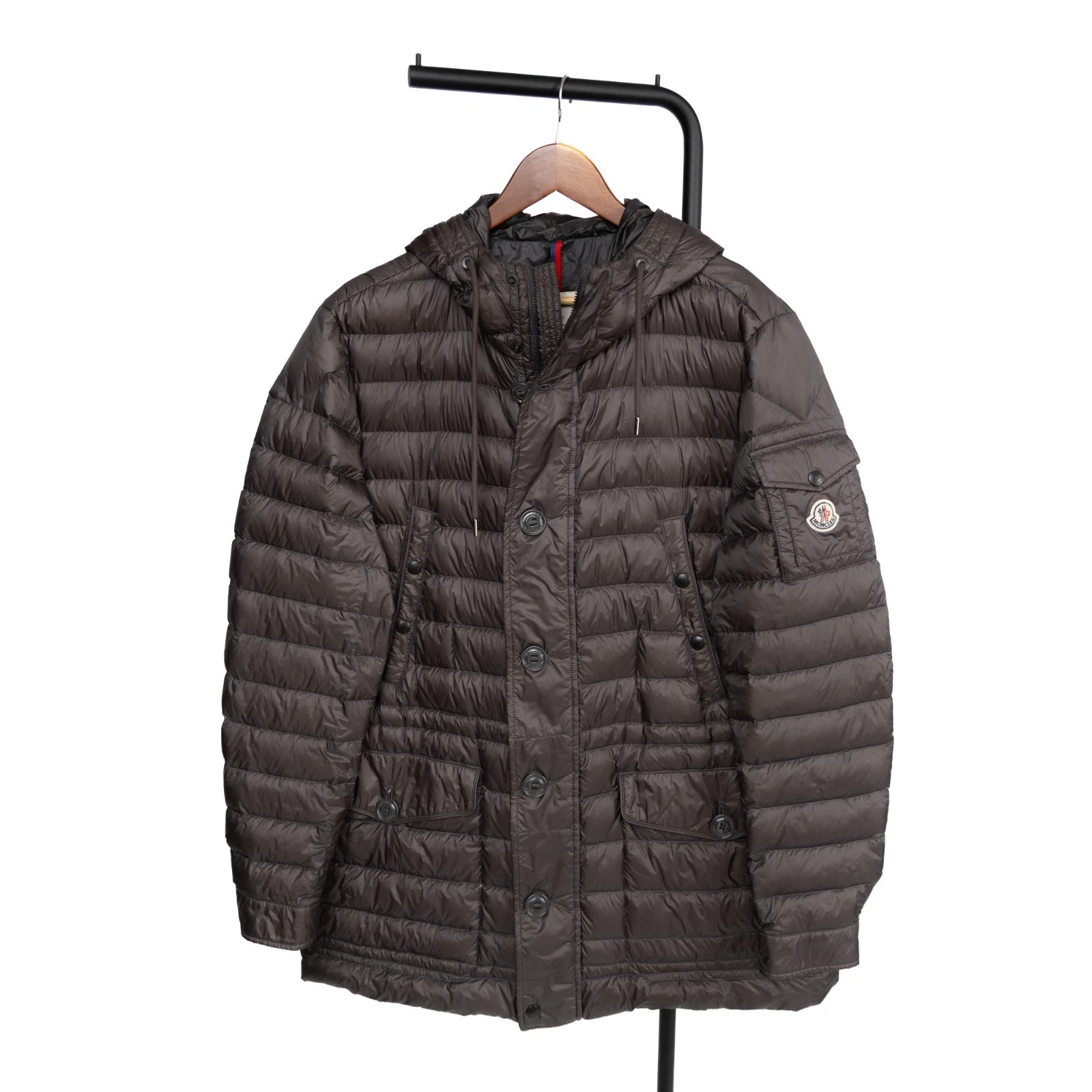Moncler Benjamin Giubbotto Mens Brown Gray Down Puffer Jacket Hooded Quilted image 1