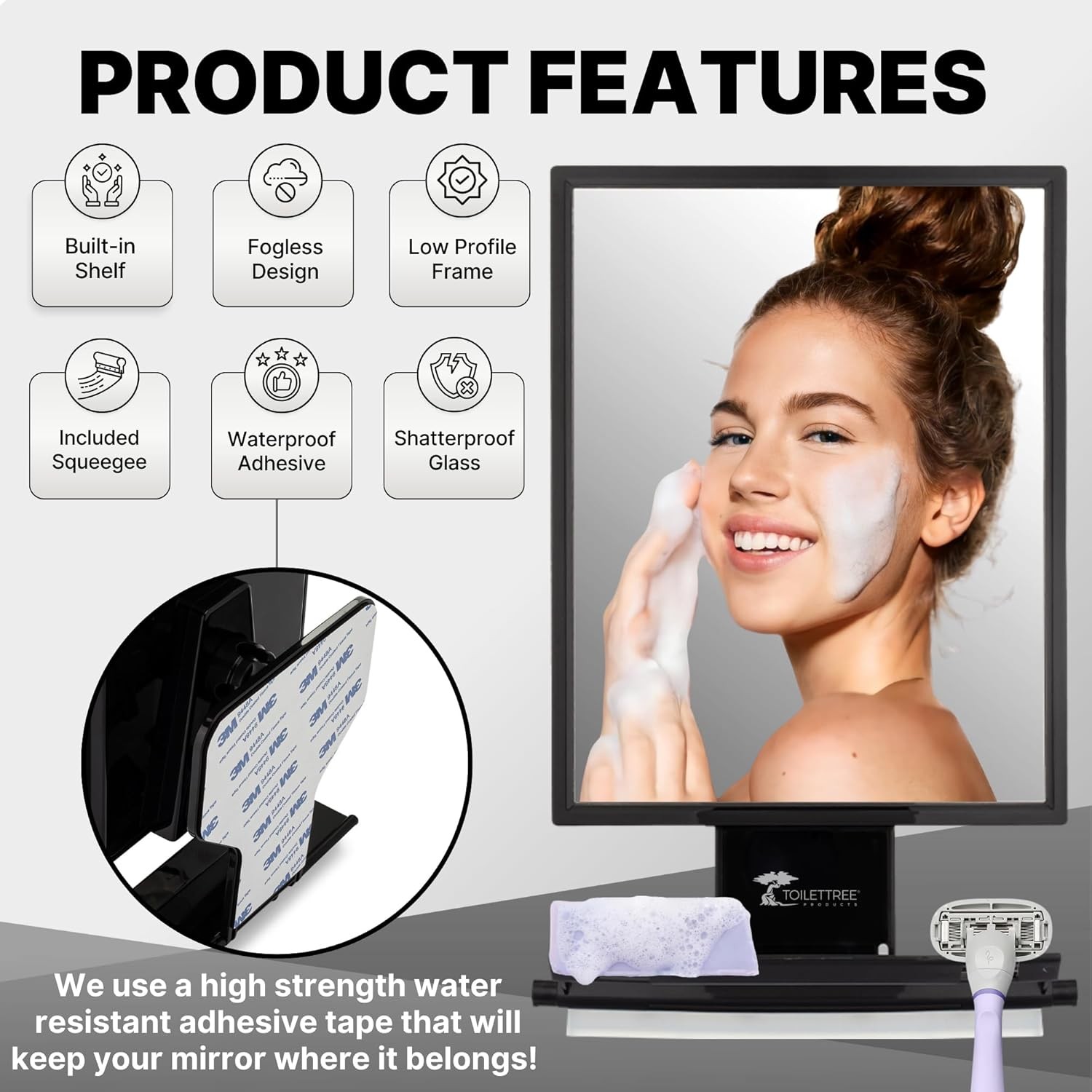 ToiletTree Products Fogless Shower Mirror - Anti-Fog 7.5"L x 6.5"W, Black 