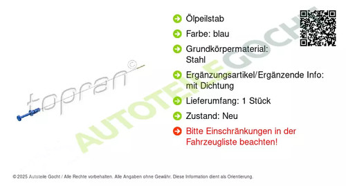 Ölpeilstab für Peugeot Citroen 307 SW CC Break 206 301 1007 308 Topran ab 99-> - Foto 2 di 8