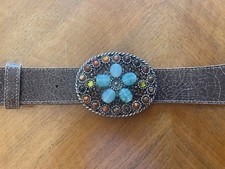 Vintage 90 s CACHE Women s Western Leather Belt w/Large Turquoise Buckle Size M