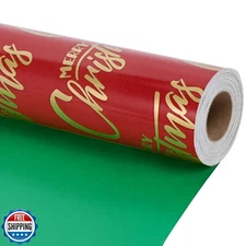 LaRibbons Reversible Christmas Foil Wrapping Paper Roll, Red with Gold “Merry