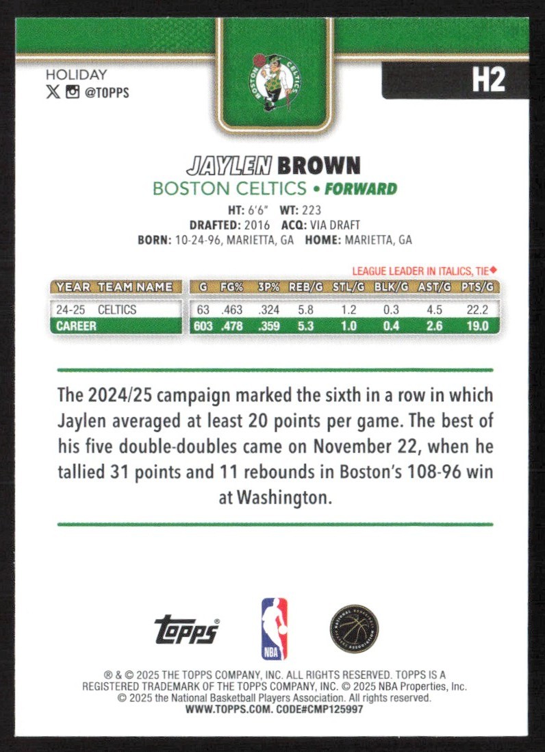 2025-26 Topps Holiday Base Jaylen Brown Boston Celtics #H2 | eBay