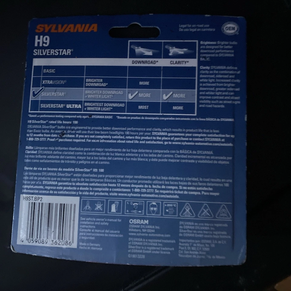 Sylvania Silverstar H9 65W Faros Bombillas Luz Alta Repuesto 65W Caja Áspera Foto 3 de 3