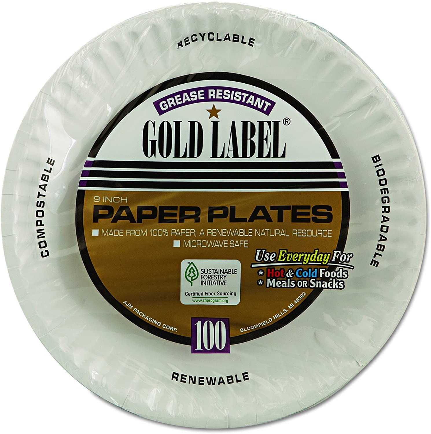 AJM Packaging 9" Paper Plates CP9GOEWH Gold Label Coated, White, 1000/Case