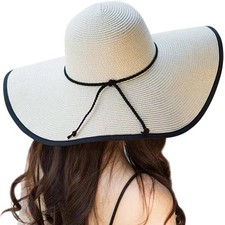 Womens Wide Brim Straw Hat Big Floppy Foldable Roll up Cap Beach Sun Hat UPF ...