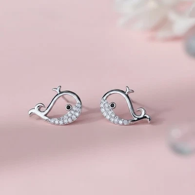 Ohrstecker Sterling Silber 925 Wal Motiv Zirkonia Glanz Ozean Damen Ohrringe - Bild 1 von 4