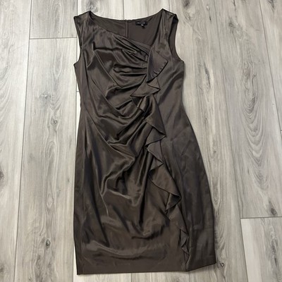 Saks Fifth Avenue Brown Cocktail Dress Ruching Ruffle Silk Blend Size 4 In EUC