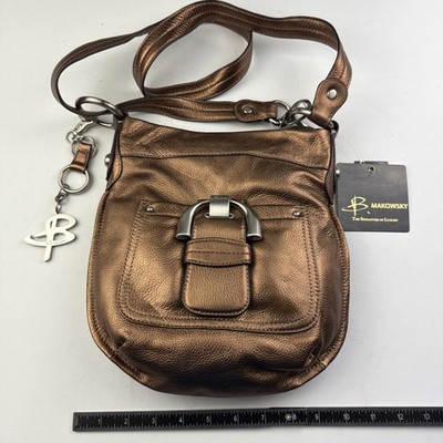 B. Makowsky Bronze Metallic Pebbled Leather Crossbody Shoulder Bag NWT