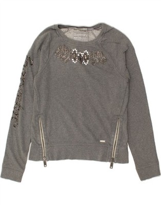 SUPERDRY Damen Grafik Sweatshirt Pullover UK 10 Small Grau Baumwolle AY04