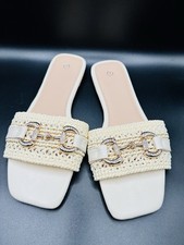 Women's White Woven slip-on Flat Sandals with Gold-tone Rhinestones Buckle