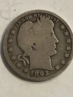 1893 Silver Quarter of Dollar. Collector's Choice. Very fine condition.