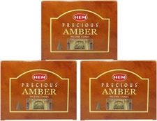 Hem Precious Amber Pack of 3 Incense Cones Boxes, 10 Cones Each