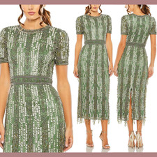 NWT Mac Duggal [ 8 ] 5980 High Neck Short Sleev Crystal Fringe Dress Sage Q931