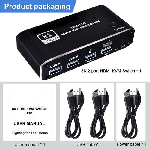 HDMI 2.1 KVM Switch 2X1 4K 120Hz 8K 4 Port USB 3.0 KVM Switcher with Hotkey - Picture 3 of 15
