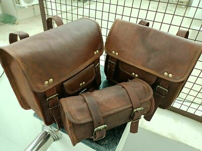 3 Side Saddle Bag Saddlebags Bags Tool Motorcycle Leather Pouch Panniers Brown