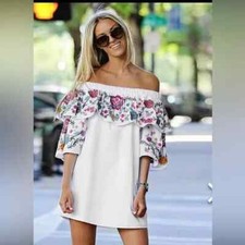 Parker Cathy White Cotton Embroidered Dress Lined Off Shoulder 3/4 Sleeves Sz XS