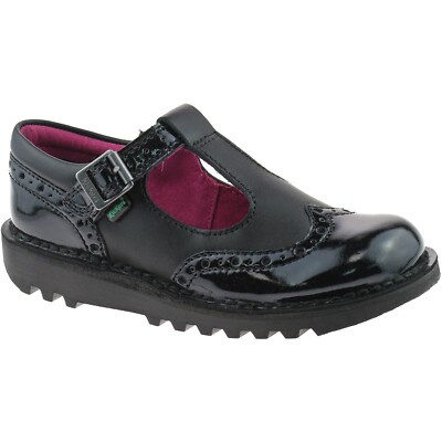 Girls Junior Kickers Kick T-bar Black Brogue Patent Leather School