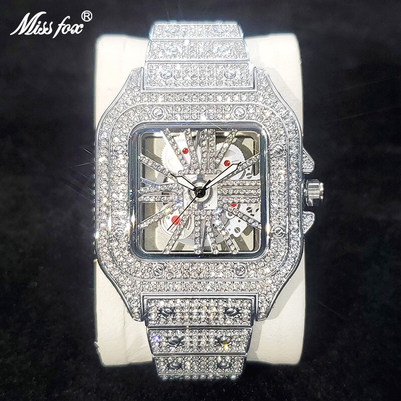 Men Ice Out Watch Square Silver Luxury Diamond Waterproof 