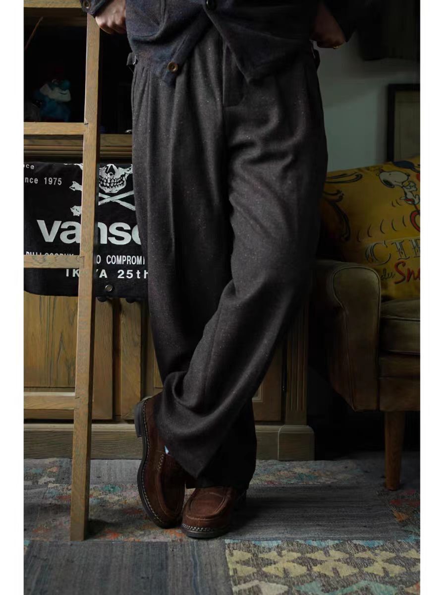 Men Neppy Tweed Wool Pleated Pants Vintage Style Men's Casual