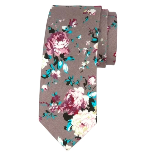 ELZAMA Mens Slim Floral Tie Taupe Brown 100% Cotton 2.25 Summer Fashion Necktie - product listing photo