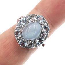 Rhodium Over Sterling Silver Natural Aquamarine Cabochon HALO Ring Size 7
