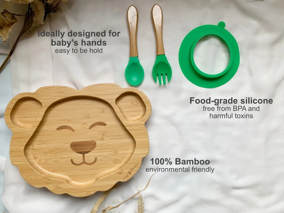 Bambus Babyteller; Kindergeschirr mit Saugnapf, Besteck: Löwe Gelb - Bild 2 von 3