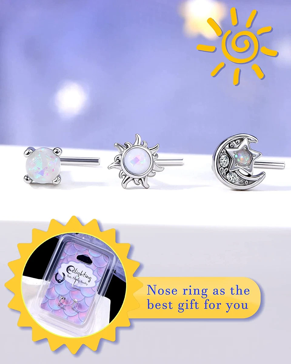 Meiighting Nose Rings 20G Moon Nose Studs Stainless Steel 316L Sun