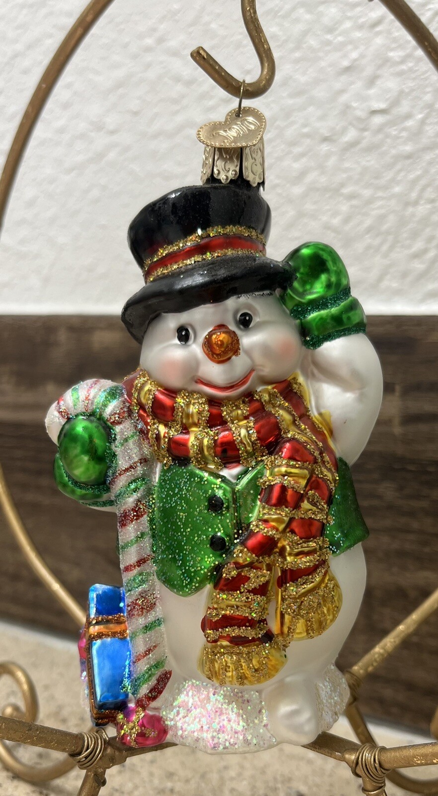 Old World Christmas, 5” Candy Cane Snowman, Hand Blown Glass