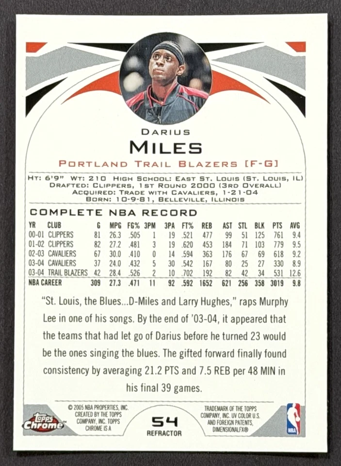 2005 TOPPS CHROME DARIUS MILES REFRACTOR - Image 2 of 2