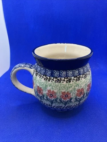 Polish Pottery Bubble Mug Unikat Floral In Blues Greens Peach 16 oz, 4" Tall