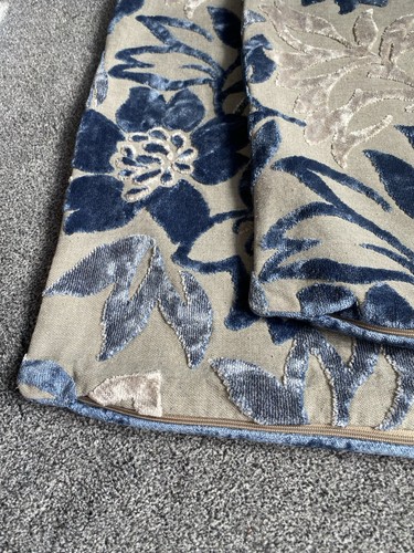 Scatter Box Floral Velvet Cushion Covers 22 X 22” Made In Ireland Blue & Taupe - Picture 2 of 8