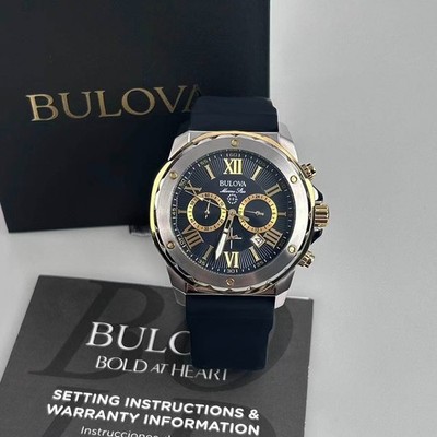 Bulova Marine Star 98B277 Black Dial Silicone Strap Men s Quartz Watch 44 mm