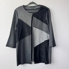 Ming Wang Gray Black Geometric Patchwork Open Front Cardigan Jacket 0X