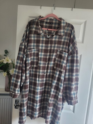 Ladies Size 24 26 28 30 Brown Check Shirt Long Plus Curves Bnwt - Picture 5 of 10