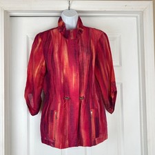 Chicos Red Orange Abstract Stripe Linen Blend Zip Drawstring Jacket Size Medium