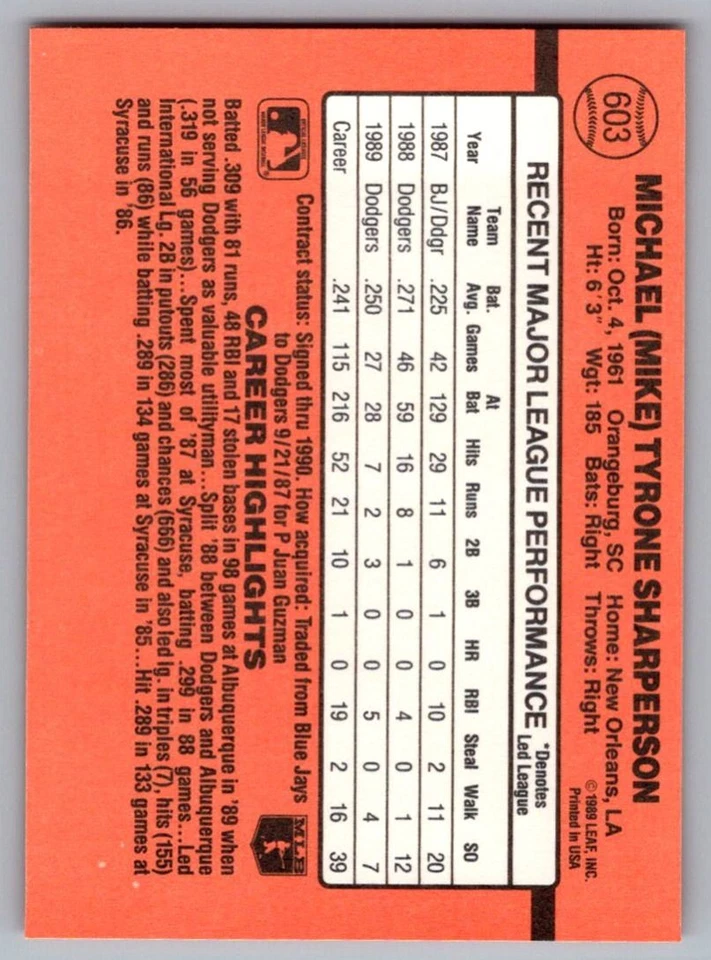 1990 Donruss Mike Sharperson Los Angeles Dodgers #603 - Image 2 of 2