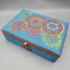 Purva Hand Embroidered Teal Satin Silk Sequin Jewelry Box India w/ Mirror 10x7x3
